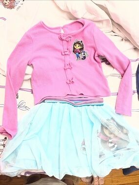 Girls Pink Knit Cardigan with Light Blue Tulle Skirt Set